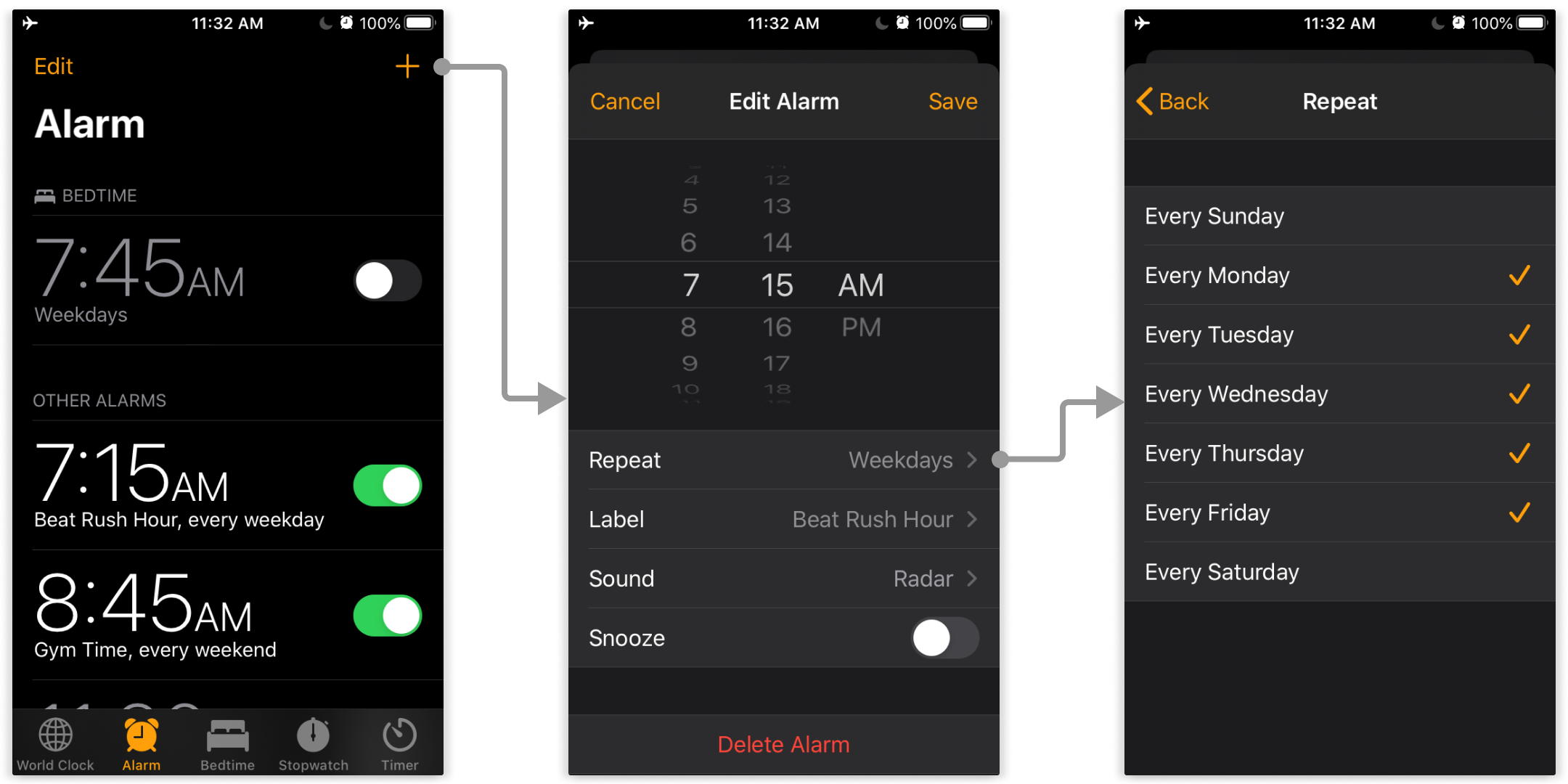 Apple's current Alarm Clock settings in iOS 13.6